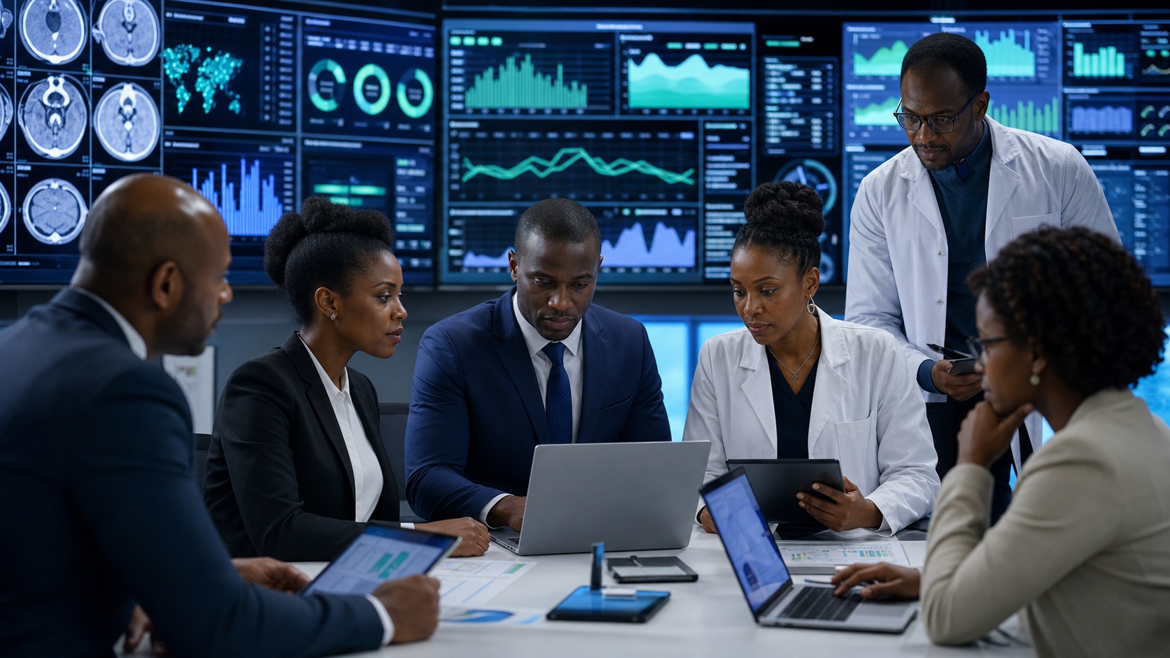 Conceptual healthcare leaders reviewing digital health dashboards and operational data.
